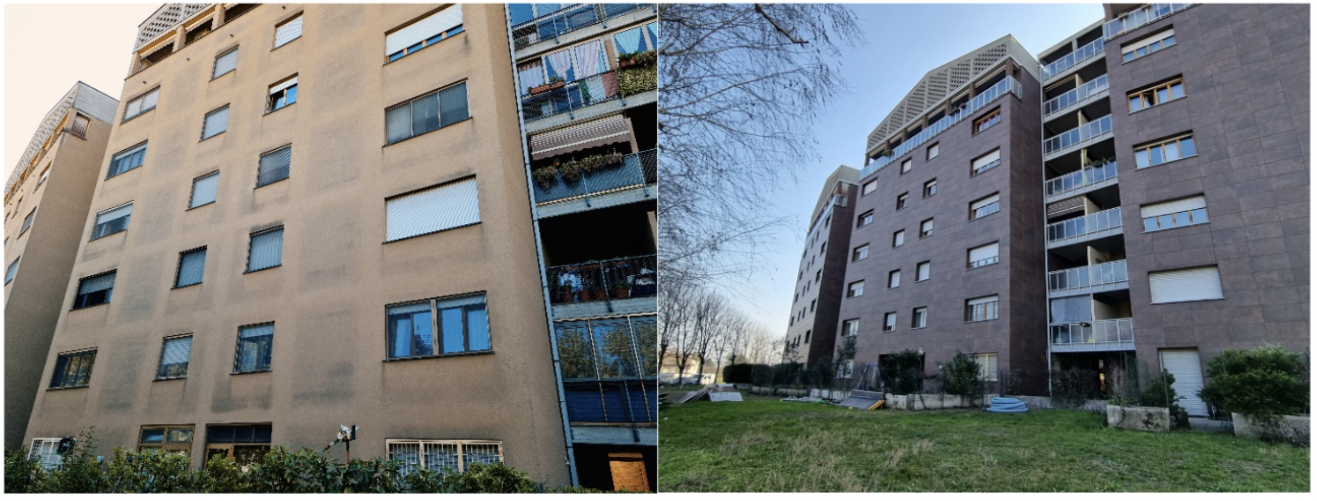 Gli edifici del complesso “Le Torrette” prima e dopo l’intervento.