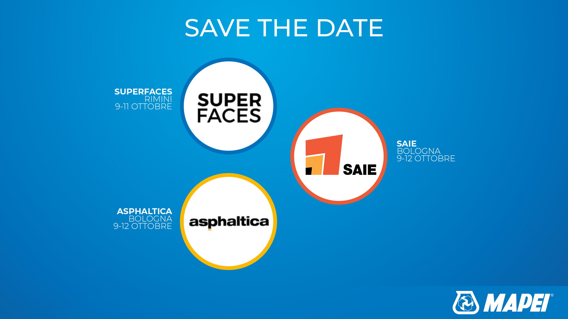 Gli appuntamenti di MAPEI a ottobre 2024. SAIE, Asphaltica e Superfaces: tre eventi chiave per il settore delle costruzioni e delle infrastrutture